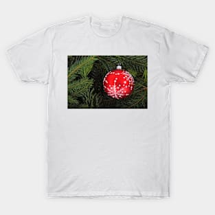 Red Christmas Ornament With Snow Pattern T-Shirt